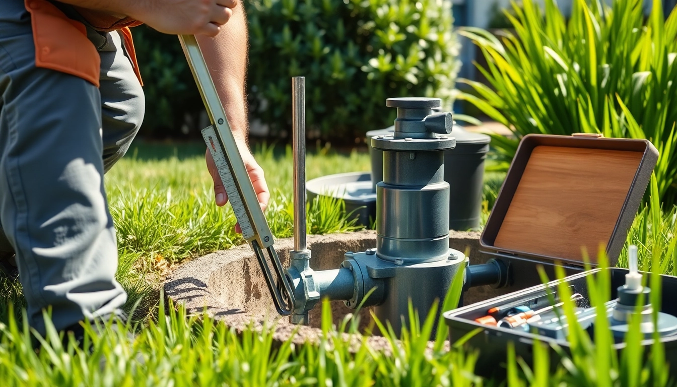 Technician conducting a well pump replacement in a backyard installation.