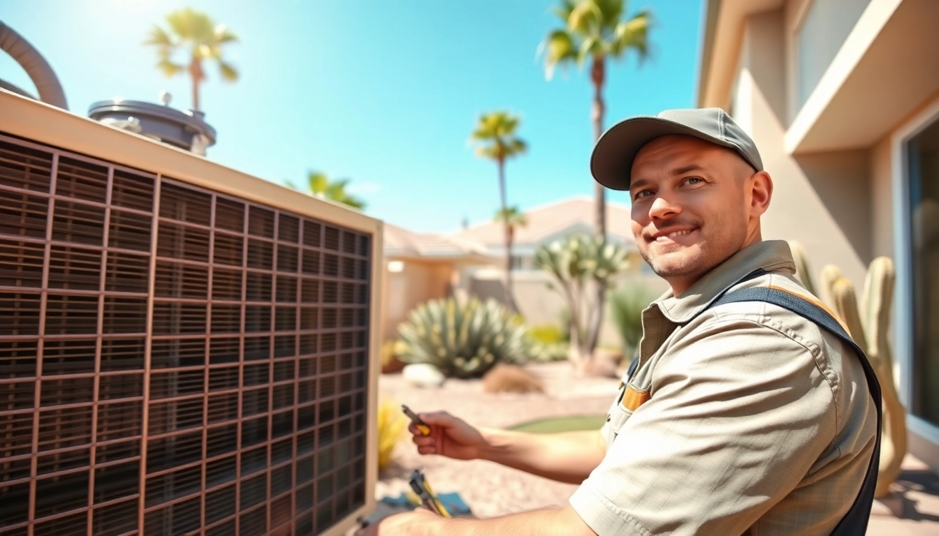Service technician maintaining scottsdale ac unit in a sunny residential setting.