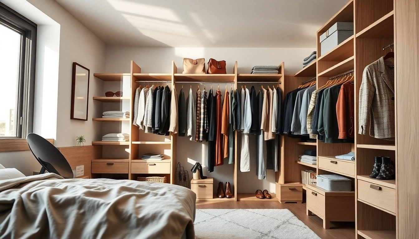 Organized smart closet display showcasing clothing and accessories in a modern setup.