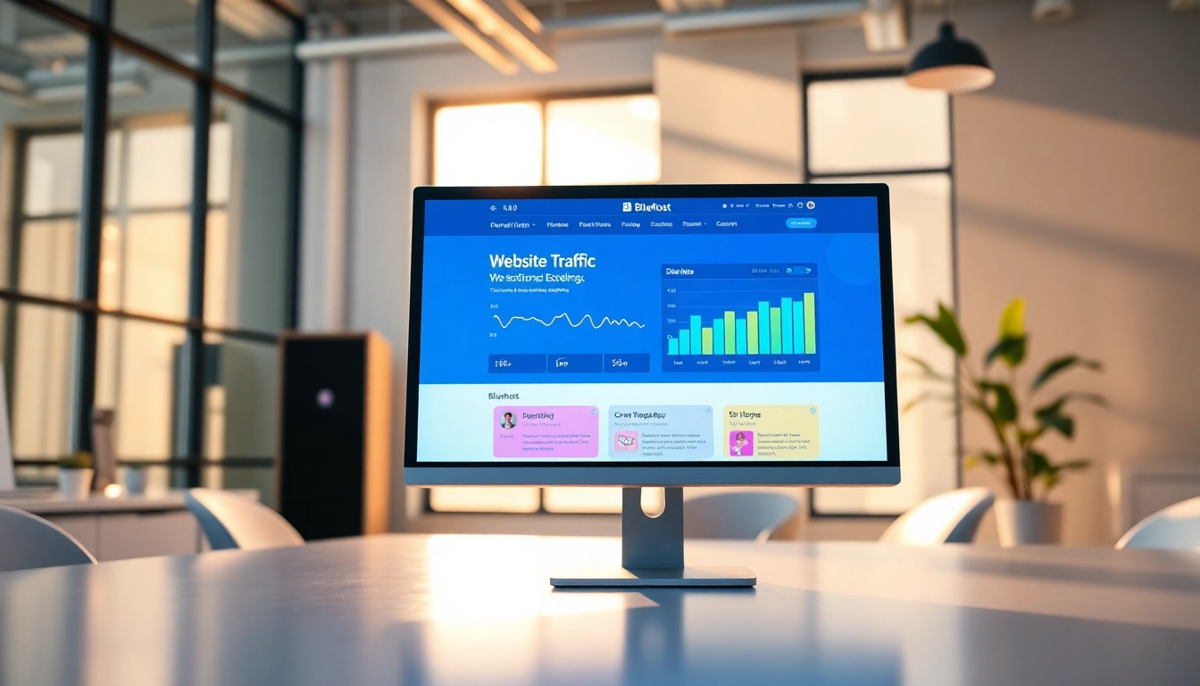 Showcasing the Bluehost platform with engaging visuals of web performance in a modern office setting.