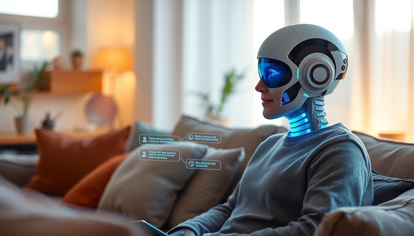 Engaging AI companion unlimited connecting with user in a modern, cozy living room.