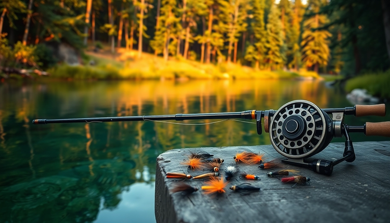 Showcasing a fly fishing combo organized beside a serene river, highlighting an inviting outdoor fishing experience.