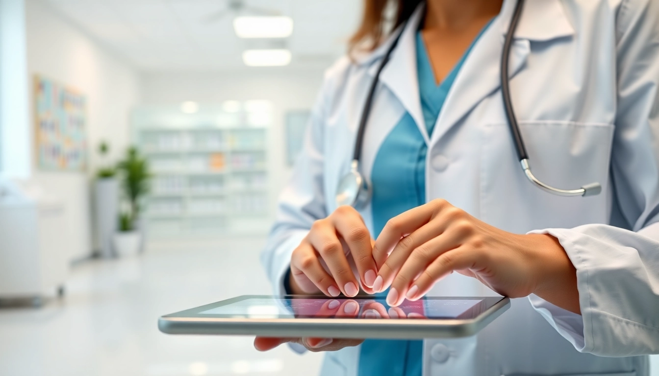 Using top rated prescription applications on a digital tablet in a modern clinic environment.